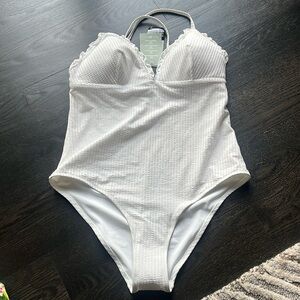 H&M V-Neck One Piece Swimsuit WHITE- NWT -size large